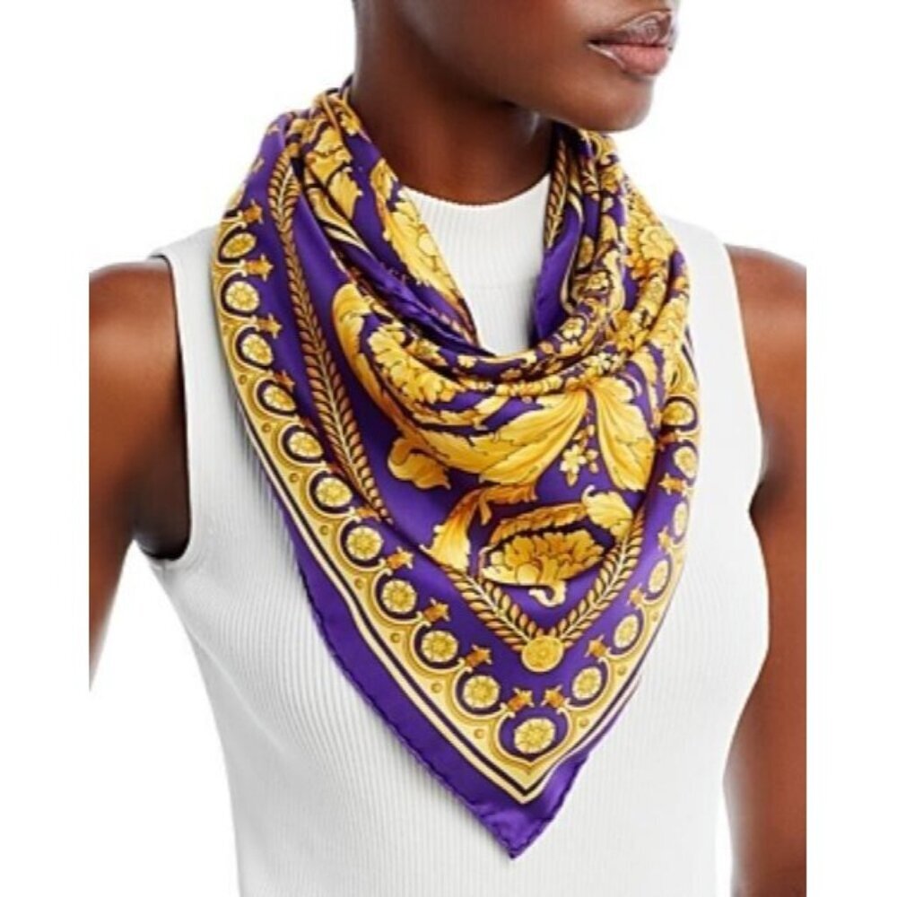 Versace Barocco 100% Silk Purple Square Scarf Retail $575 New with Reticket Tag